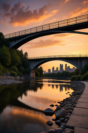 Bridges over rivers and city skylines at sunsetの素材