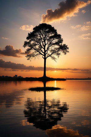 Sunset reflection of a lone tree by the lakeの素材