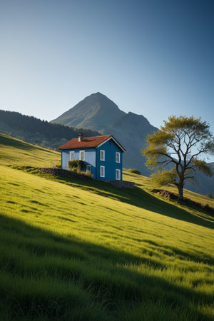 Mountain meadow blue cabin sceneryの素材