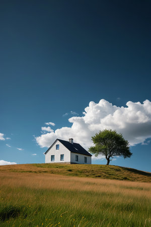 Single-family cabins and trees on the prairieの素材