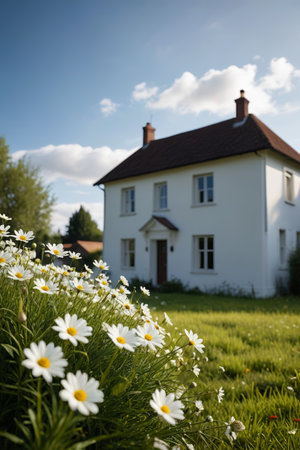 Daisy view in front of the rural white houseの素材