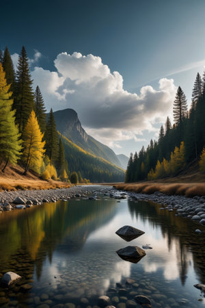 River scenery beside mountain forestsの素材