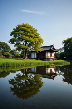 Lakeside Chinese Architecture and Tree Landscapeの素材