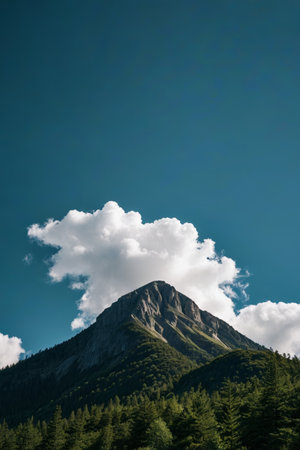 Peaks and forest landscapes under blue sky and white cloudsの素材