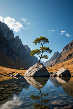 Landscapes of lonely trees and rock reflections in the mountainsの素材