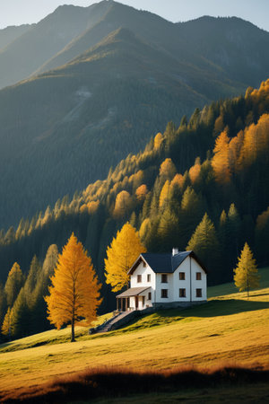 Single-family house in autumn view of the mountainsの素材