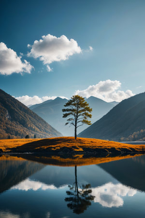 Lonely tree scenery by the mountain lakeの素材