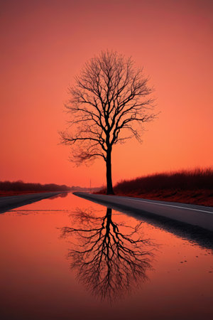 Sunset view of a single tree beside the highwayの素材