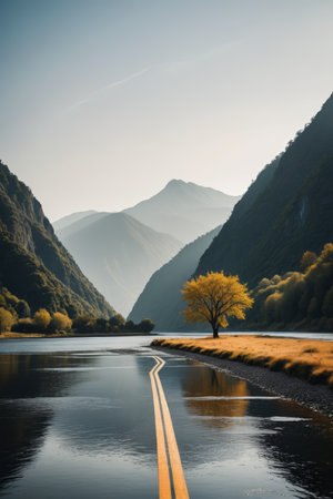 Lake view and lonely trees along the mountain roadの素材