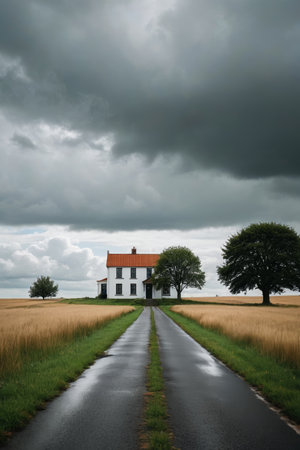 Rural landscape with red-roofed houses in the fieldsの素材