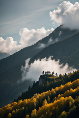 Cabin and autumn forest landscape in the mountain cloudsの素材