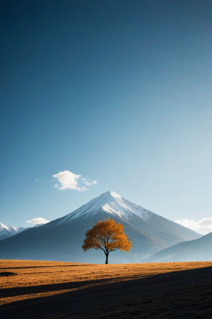 Lonely tree landscape in the wilderness at the foot of the snow-capped mountainsの素材