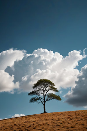 Lonely trees on the hills and blue sky and white clouds landscapeの素材