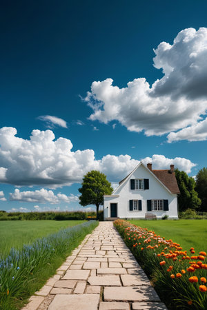 Pastoral White House and Blue Sky and White Clouds Landscapeの素材