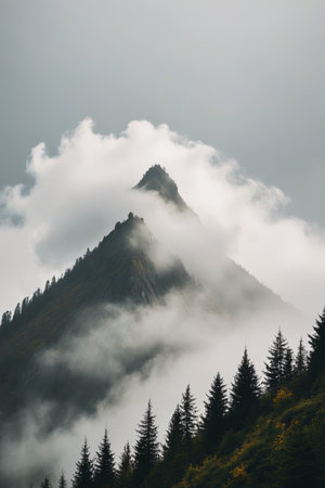 Misty mountain and forest landscapeの素材