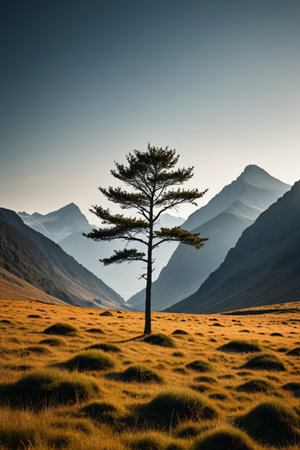 Independent tree landscape in mountain grasslandsの素材