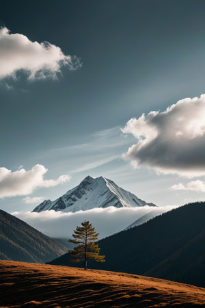 Lone tree nature at the foot of the snow mountainの素材
