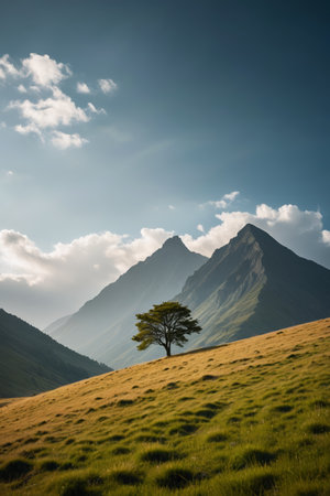 Lonely trees in the mountain meadow and distant mountain sceneryの素材
