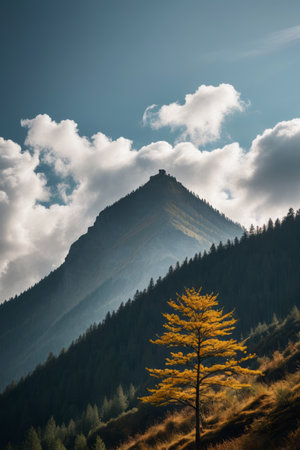 Landscape with yellow trees, blue sky and white clouds in the mountainsの素材