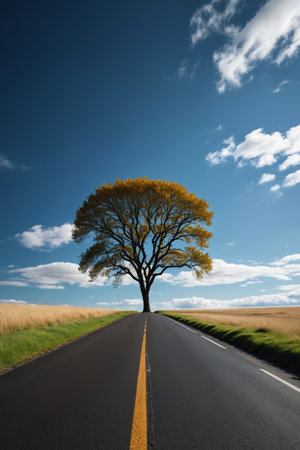 The lone tree at the end of the highway and the blue sky and white cloudsの素材