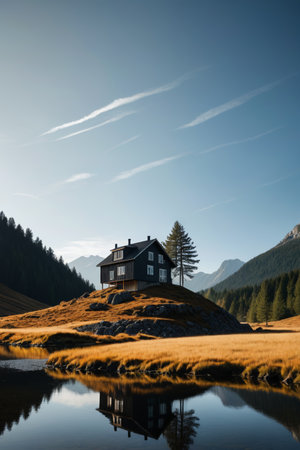 View of a single-family cabin on the lakeside of the mountainsの素材