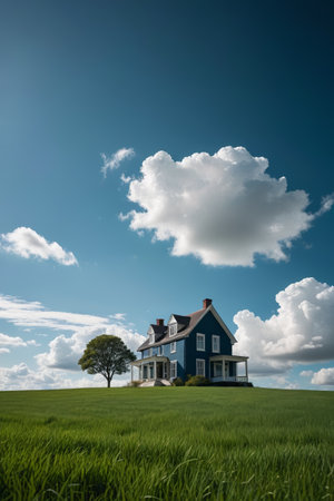 Single-family house on grassy blue skyの素材