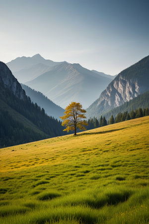 Mountain meadow solitary tree natural sceneryの素材