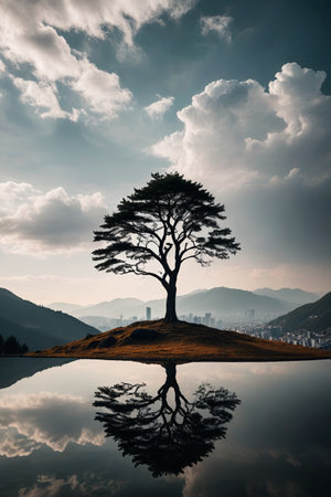 The lone tree on the top of the mountain and the distant reflection of the cityの素材
