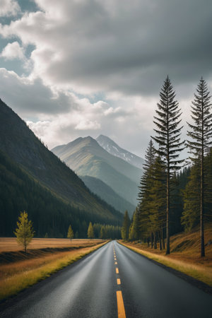 Mountain road and distant mountain sceneryの素材