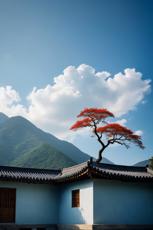 View of mangroves and green mountains next to the ancient building with blue wallsの素材