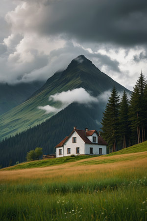 View of a single-family cabin in a mountain meadowの素材