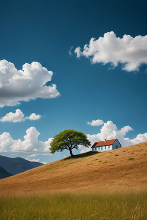 Houses and green trees on the hillsの素材