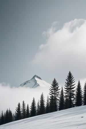 Snowy forest under the snow-capped mountainsの素材