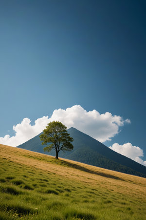 Hill meadow single tree natural sceneryの素材