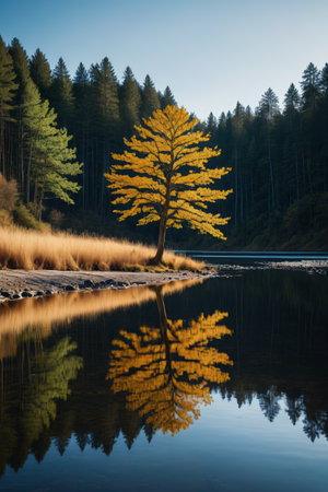 Golden trees and forest reflections by the lakeの素材