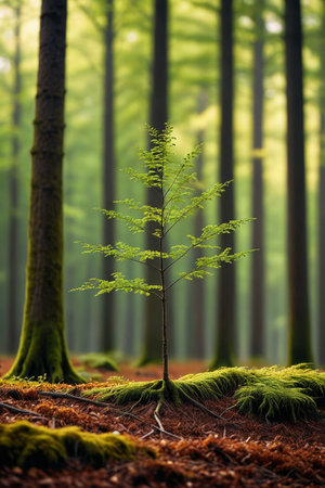 Young green trees and moss landscape in the forestの素材