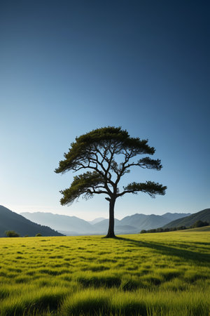 Lonely trees in the wilderness and distant mountain sceneryの素材