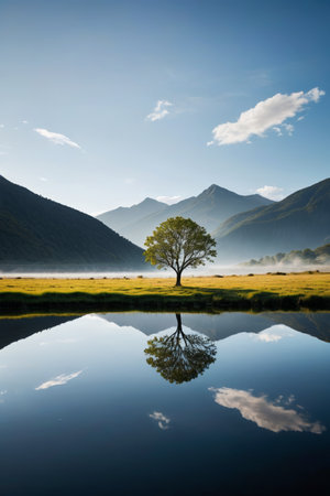 Natural scenery of a single tree by the mountain lakeの素材