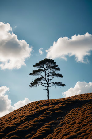 Lonely trees on the hills and blue sky and white clouds landscapeの素材