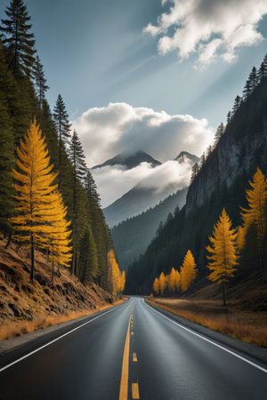 Autumn mountain road natural sceneryの素材