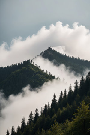 The scene of isolated peaks in the mountains and forests shrouded in clouds and mistの素材