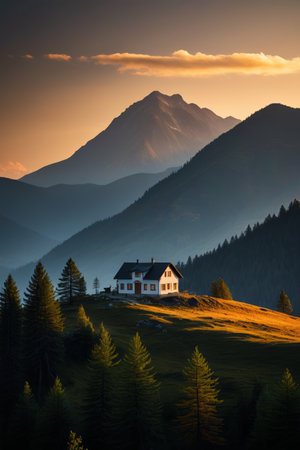 Mountain cabin dusk viewの素材