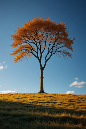 Lone trees and golden grass landscape under blue skyの素材