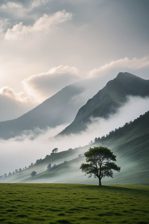 Mountain meadow solitary tree natural sceneryの素材