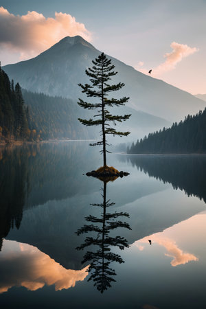 Small trees in the lake and reflections of distant mountainsの素材