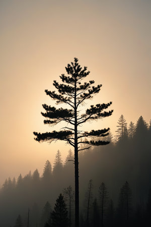 Single pine tree in the forest at sunriseの素材