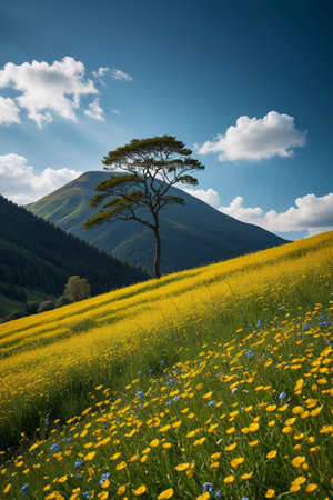 Lonely trees in a sea of mountain flowersの素材