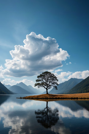 Lone trees by the lake and landscape with blue sky and white cloudsの素材