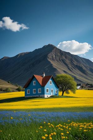Mountain Blue House and Flower Sea Pastoral Sceneryの素材