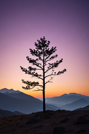 Lonely tree landscape in the mountains at sunsetの素材